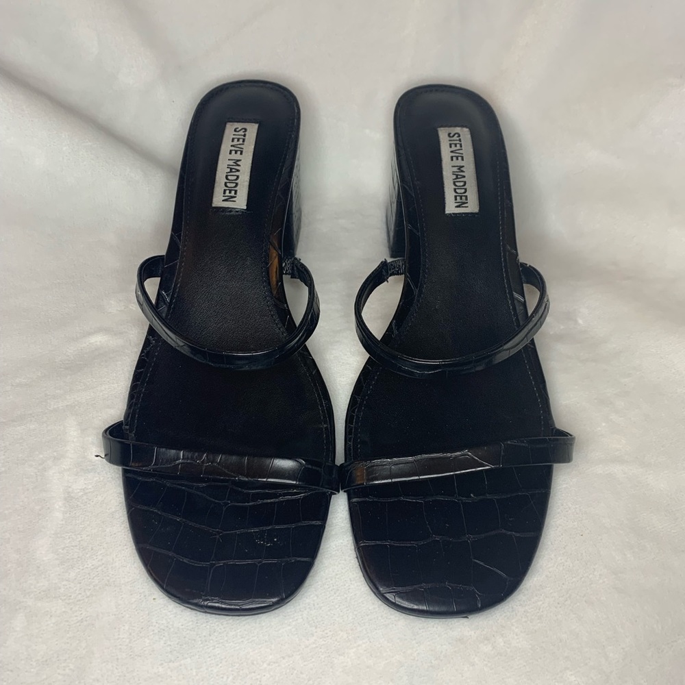 Black, Croc, Steve Madden Two Strap Heeled Sandals